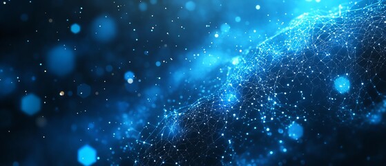 Abstract blue background with digital data streams and hexagons, technology illustration for web banner design, digital marketing concept