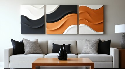 A living room with a couch, coffee table, and three paintings on the wall