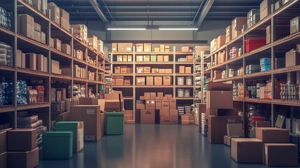 Obraz premium Retail warehouse full of shelves with cardboard boxes and packages. Logistics, storage, and delivery industrial background