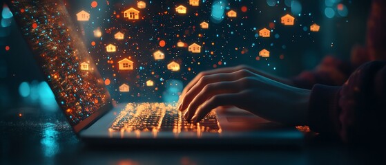 Laptop with a person typing, digital homes floating above, representing the fusion of real estate marketing and social media advertising for businesses