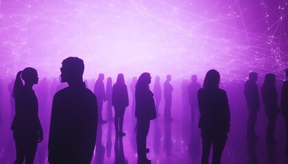 Network of people silhouettes on a purple background, connected by glowing lines, symbolizing digital collaboration and interaction