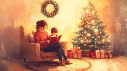 Cozy family scene mother and child sitting together on armchair, reading a book. A beautifully decorated Christmas tree stands in the background. Horizontal banner. Watercolor illustration.
