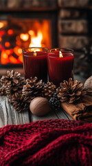 Christmas Still Life with Candles and Winter Decor in Warm Fireside Palette &ndash; Mulled Wine Red, Chestnut Brown, and Ember Orange