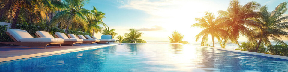 Fototapeta premium Wellness Oasis: A serene outdoor swimming pool with lounge chairs and palm trees, inviting relaxation and rejuvenation.