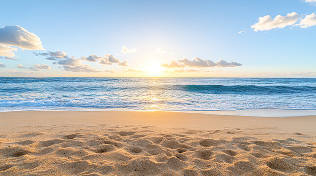 A beautiful beach with a clear blue ocean and a bright sun in the sky