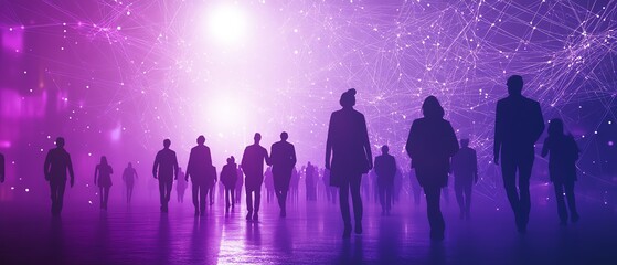 Purple background with people silhouettes forming an interconnected network, showcasing collaboration, technology, and social connections
