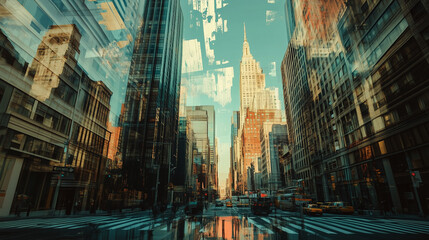 Obraz premium Abstract Blurred New York Cityscape with Digital Overlay and Distorted Reflections
