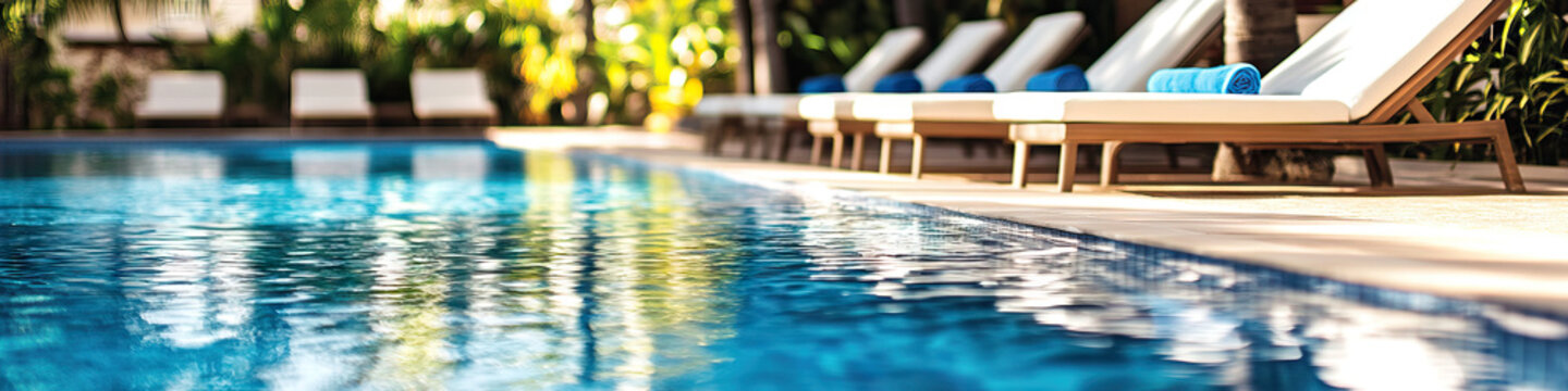 Wellness Oasis: A serene outdoor swimming pool with lounge chairs and palm trees, inviting relaxation and rejuvenation.