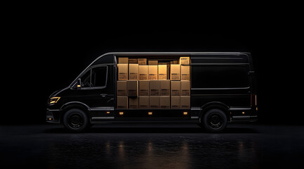 Black delivery van full of cardboard boxes is parked on black background