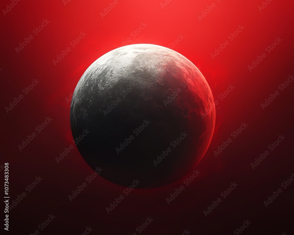 Wall mural a digital planet sphere on a red background, with a smooth gradient of red and black, creating a cos