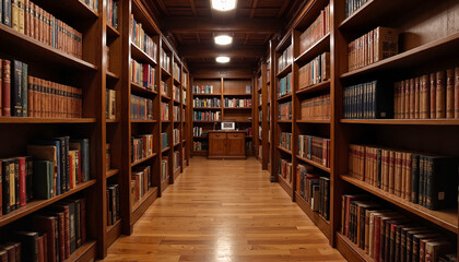 Obraz premium Classic library hallway filled with books, wooden shelves, and a central desk