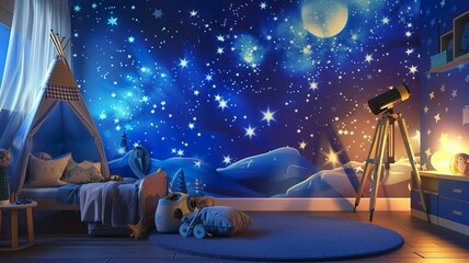 Image generated by Ai. Unique wall decor and wallpaper depicting the stars, sky and universe. Special wallpaper in a children's room.