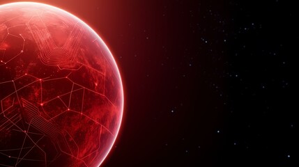 A glowing red planet with a network of lines on its surface is positioned in the left side of the frame against a dark background with scattered light spots.