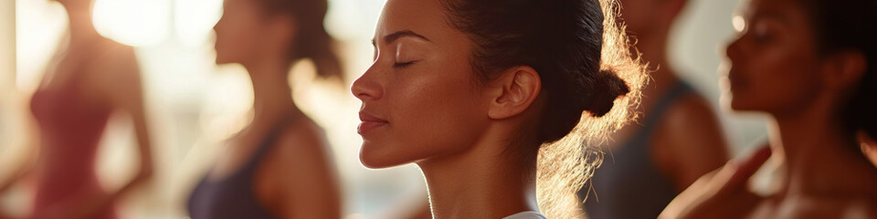 Yoga Flow: A group of people in various yoga poses, exhaling deeply in a peaceful, sunlit studio.