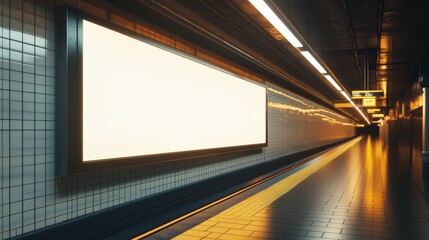 A dimly lit subway platform features a large blank advertising board along a tiled wall, reflecting an urban, modern atmosphere.