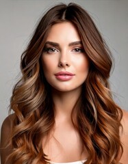 Fototapeta premium Effortless Beauty: A radiant woman with long, flowing brunette hair, captivating with her natural beauty and confidence. Her warm.