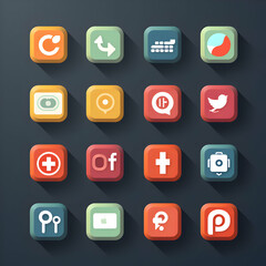 A collection of colorful app icons with long shadows, representing different functions and features.