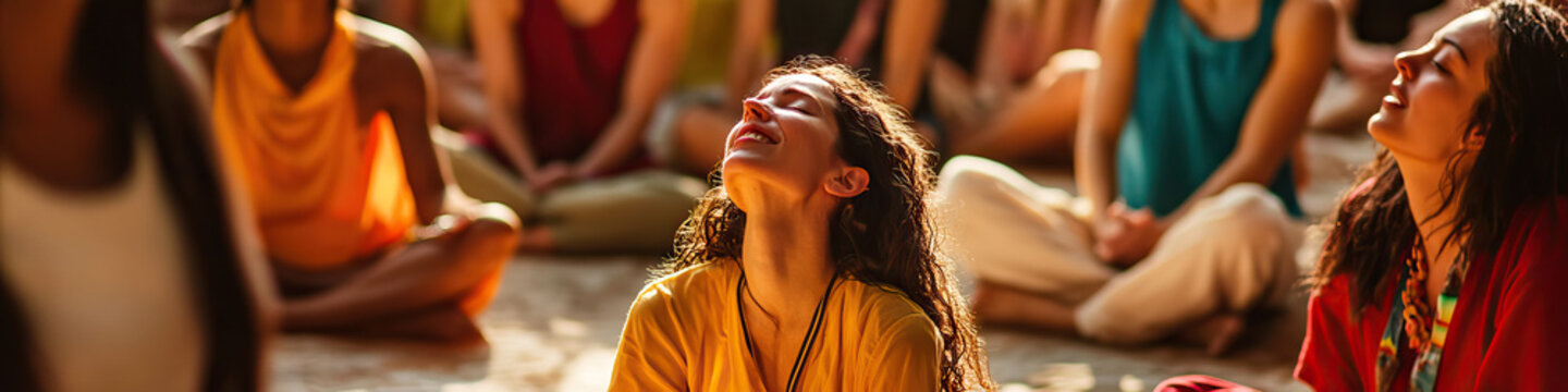 Chanting: A group of people sitting in a circle, their faces upturned towards the sky, as they chant together in unison.