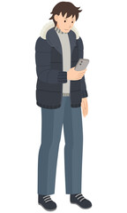 A Young Man Wearing A Black Winter Jacket Standing And Looking At His Smartphone, Vector Illustration