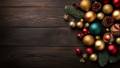 christmas ornaments on dark wood table shot from above