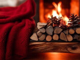Stacked Wood Logs by Fireplace with Christmas Decorations in Mulled Wine Red, Chestnut Brown, and Ember Orange