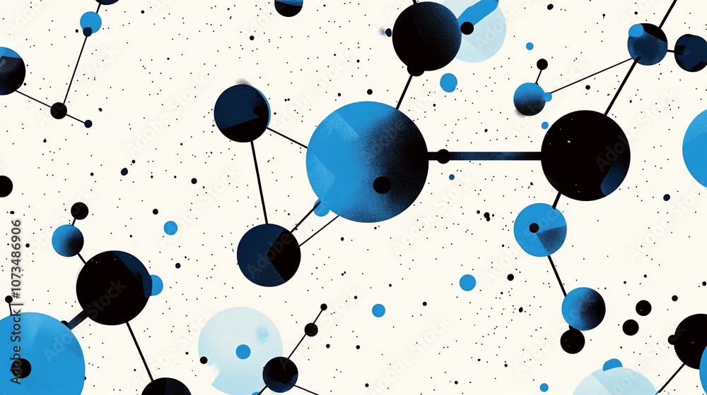 Poster Abstract background with connected circles in blue and black colors on a white background with tiny dots.