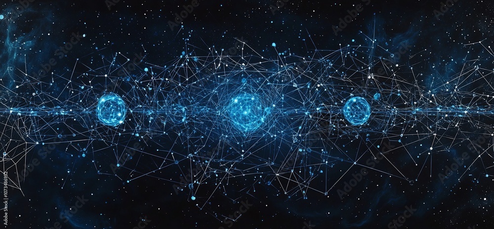 Poster abstract background with blue glowing spheres connected by a network of lines on a dark background.