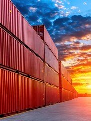 Fototapeta premium Stacked Shipping Containers at Sunset with Dramatic Sky and Colorful Clouds Over Industrial Port Area Creating a Striking Contrast