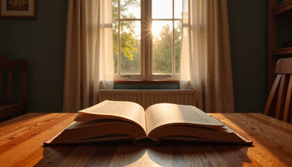 Open book on wooden table with sunlight streaming through window at sunrise