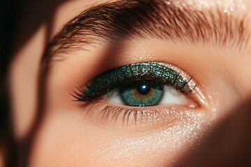 Fototapeta premium eye with dark green eyeshadow and thick lashes elegant, bold, festive makeup