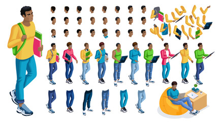 Isometric cartoon people, 3D Set for creating Black Man Student person. Full length gestures isolated, N2. Create your own design for vector