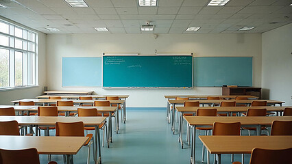 Empty Classroom with Blue Whiteboard and Wooden Desks