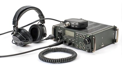 . A high-quality communication setup featuring a pair of professional headphones with an attached microphone, a portable radio transceiver, and a robust military-grade communication device, ideal for 