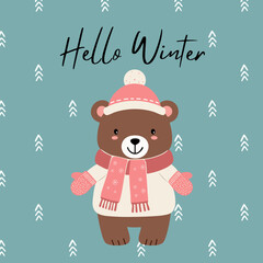 Hello winter card with cute bear. Winter animal illustration. Christmas character. Simple flat style