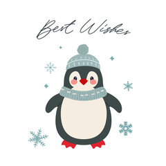 Best wishes card with cute penguin. Winter animal illustration. Christmas character. Simple flat style