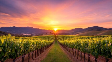 Naklejka premium Serene sunset over lush vineyard landscape