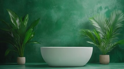 Two potted plants flourish against a verdant green wall, creating serene and refreshing indoor garden display