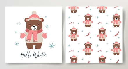 Seamless pattern and winter card with cute bear in warm clothes. Christmas template. Winter teddy bear.