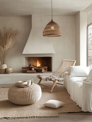 Cozy Living Room with Fireplace, Wicker Furniture, and Woven Rug