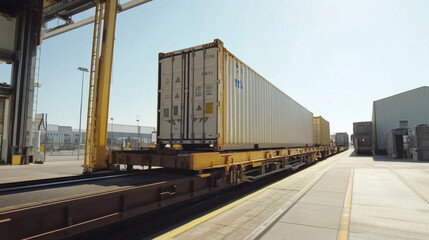 Obraz premium Intermodal Freight Transfer at Multimodal Logistics Station with Containers on Trucks and Rail