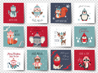 Cute animals christmas cards. Gift tags with Christmas characters. Winter animals. Happy celebrate xmas tags.