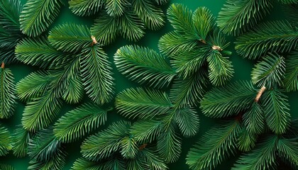 Green Christmas seamless pattern for festival background design. Winter sale fair branding. New Year seasonal celebration greeting card. Pine cone xmas branches with leaves isolated fir on green color