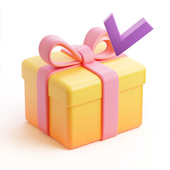 3D icon of a gift box with a checkmark and ribbons on a white background.