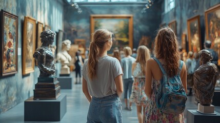 Art enthusiasts various backgrounds explore gallery filled expressive works highlighting shared human experiences creativity and collaboration.