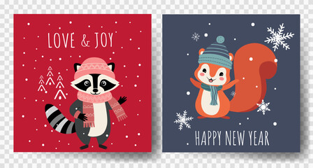 Cute animals christmas cards. Gift tags with Christmas characters. Winter animals. Happy celebrate xmas tags.