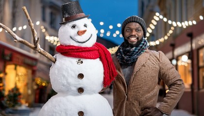 Happy snowman standing in winter christmas town street
