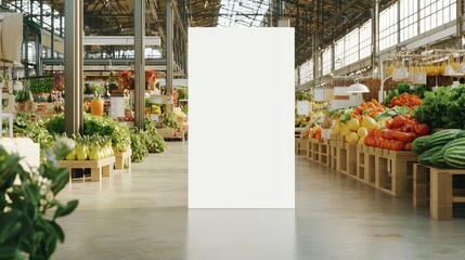 Vibrant Farmers Market Setting with Empty Standee Mockup, Ideal for Promoting Local Goods and Events