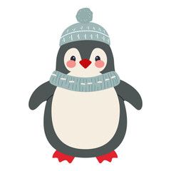 Cartoon penguin in winter clothes. Illustration with hand drawn doodle penguin. Thickly clothed pet.