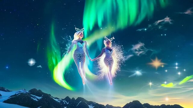 A magical aurora borealis interacting with vibrant, animated celestial beings in the sky