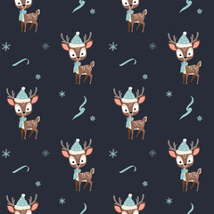 Winter seamless pattern with cute reindeer in a hat. Christmas backgrounds. New year decorations. Cartoon animals pattern.